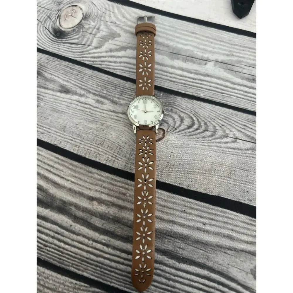 Silver Tone White Dial Brown Band Women’s Quartz Watch
